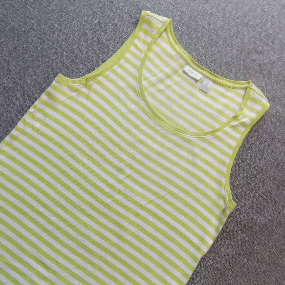 Chico's Tank Top Women 2 Large Lime Green White Good Striped Ribbed Cotton